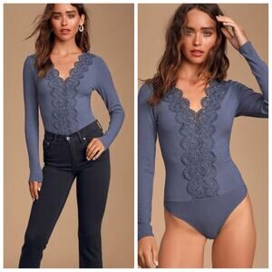Lulus Come Back To You Washed Navy Blue Lace Long Sleeve Bodysuit